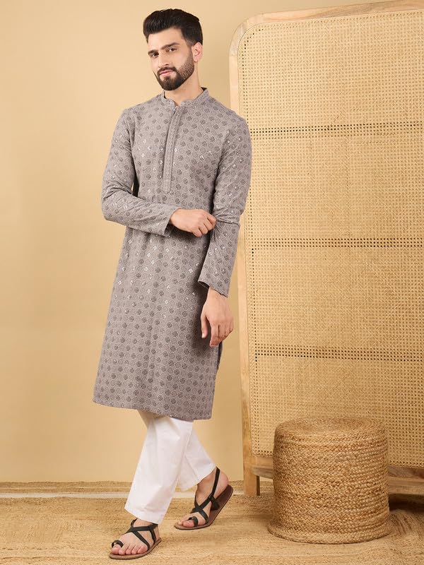 Image of Men's Solid Embroidered Long Straight Kurta | Men's Kurta | Embroidered Chikankari Kurta for Men | Straight Fit Kurta for Men