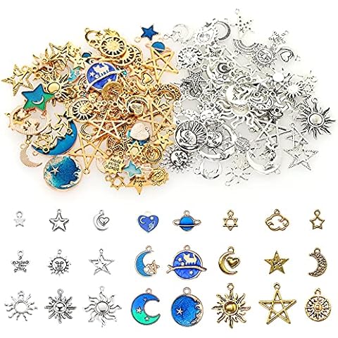 BetterJonny 130pcs Jewelry Charms, Star Moon and Sun Charms Pendant Fitting Enamel Charms for Jewelry Making Gold Silver and Blue Cover