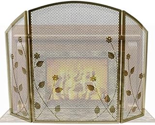 Fireplace Spark Protection 30.7in Tall Fireplace Screen With Mesh Cover, Functional Fireplace Doors Iron Fireplace Mesh Screen Curtain, Decor Flower Design Spark Guard (Gold) The New