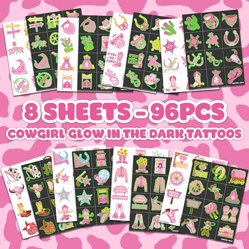Image of 96 PCS Cowgirl Pre-Cut Luminous Glow in the dark Temporary Tattoos for Kids | Super Cute Themed Birthday Party Favors Supplies Decorations, Pink Disco Western Fake Tattoo Stickers Gifts for Boys Girls