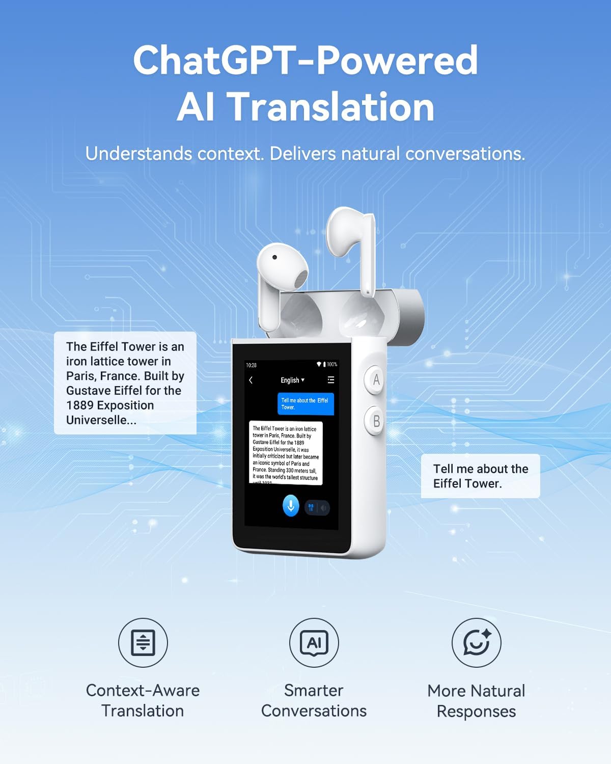 Wooask A9S AI Translator Earbuds with Screen, Offline Language Translator with Camera Translation, ChatGPT-Powered, No Phone Required, for Global Business Travel & Digital Nomads (White)