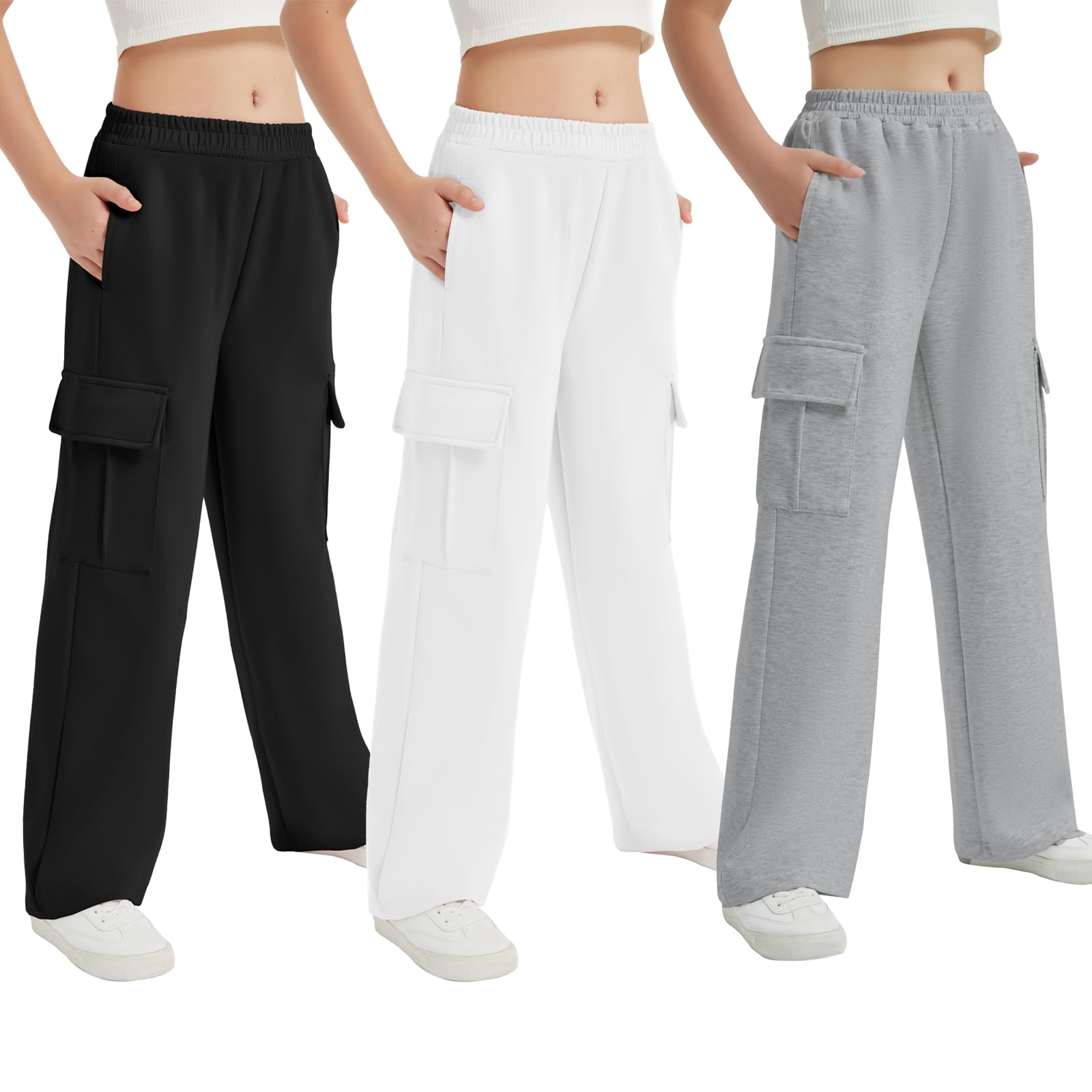 EXARUS Mädchen-Jogginghose mit Cargotaschen, elastischer Bund, weites Bein, leger, hohe Taille, 6–14 Jahre