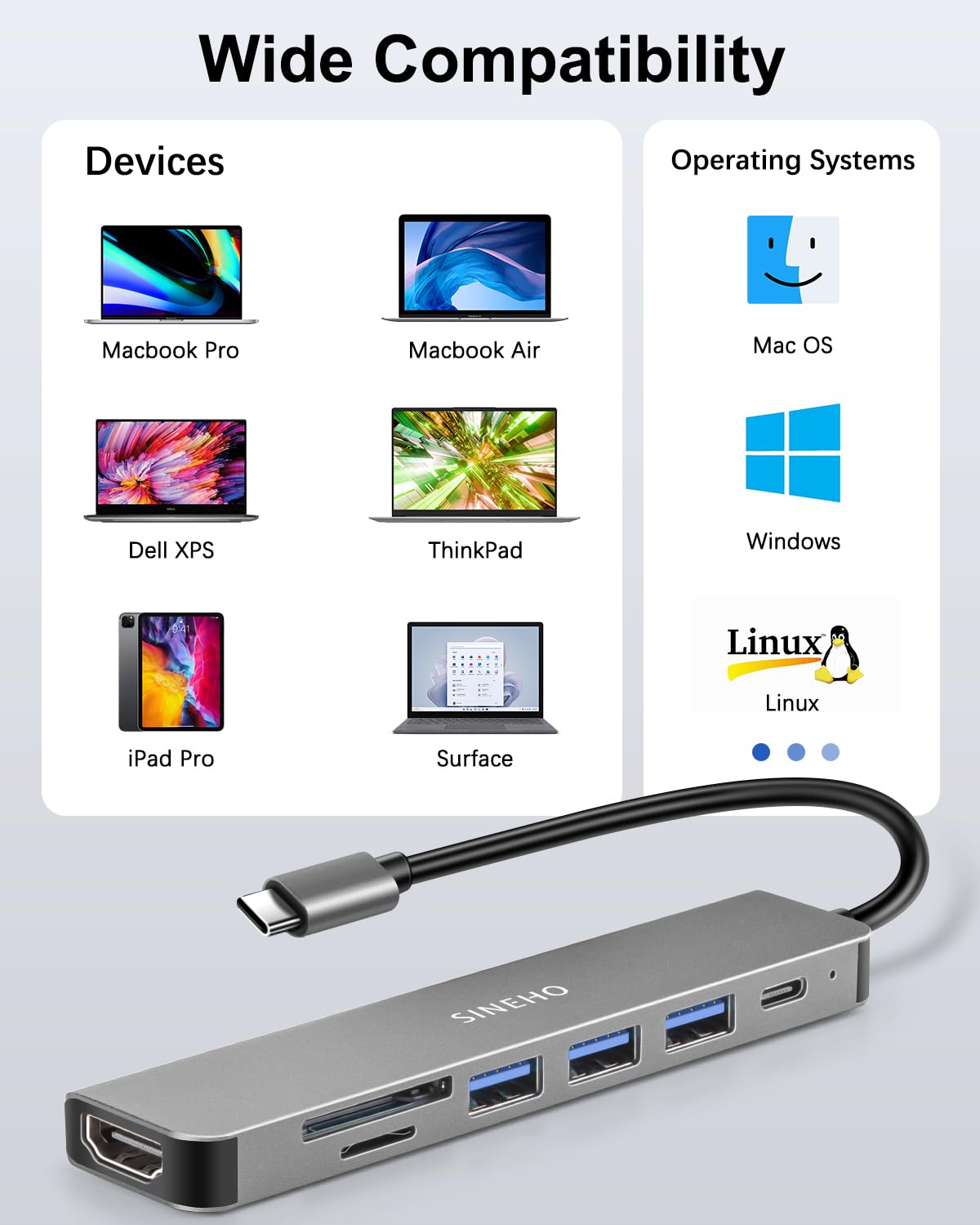 Hub USB C 7-en-1, Adaptateur USB C HDTV 4K 100W PD 3 Ports USB-A Lecteur de Cartes SD/TF