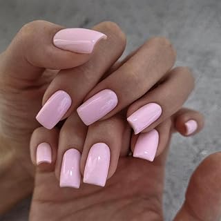 ANDGING Light Pink Press on Nails Square Short Fake Nails with Glue Fantasy Acrylic fake nails with Designs Aesthetic Gel Manicure False Nail for Women Stick ons Nails for Girls Wedding Birthday