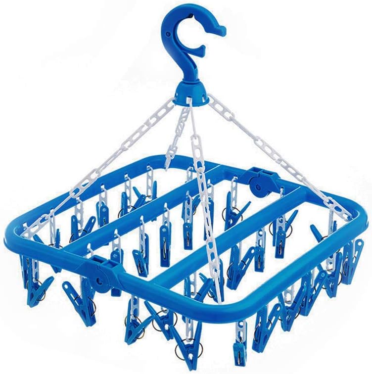 SteelFever Percha de Secado de Ropa con 32 Clips, Tendedero Colgante Plegable para Ropa Interior medias (Azul)