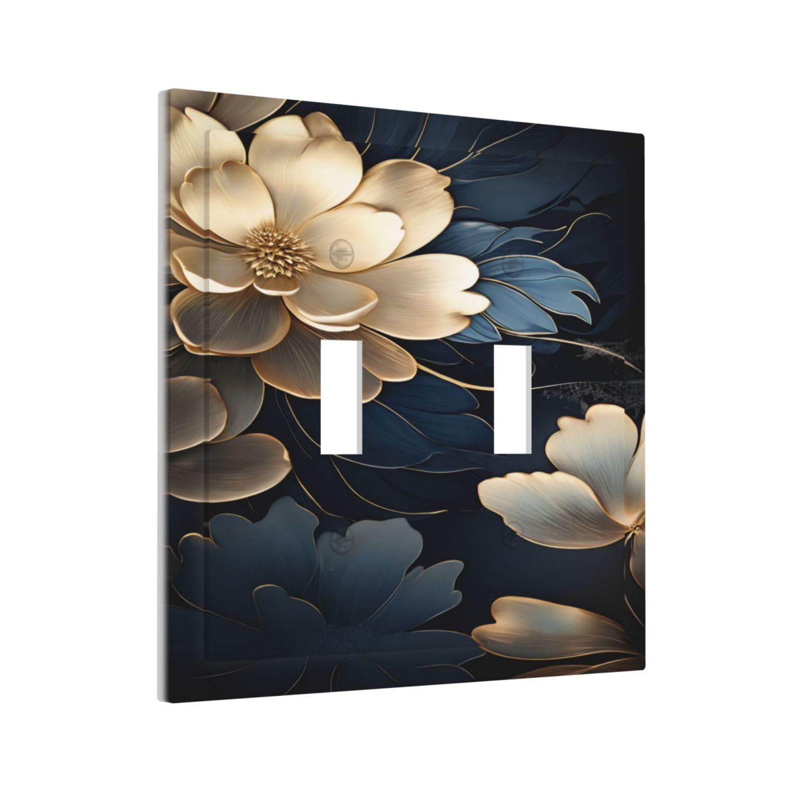 Yamxbfa Gold Flowers Blue Black Leaves Flroal Plants Double Toggle Light Switch Covers Decorative 2 Gang Wall Plate Cover Dual Device Electrical Switchplate Dimmer Faceplate for Country Bathroom Decor