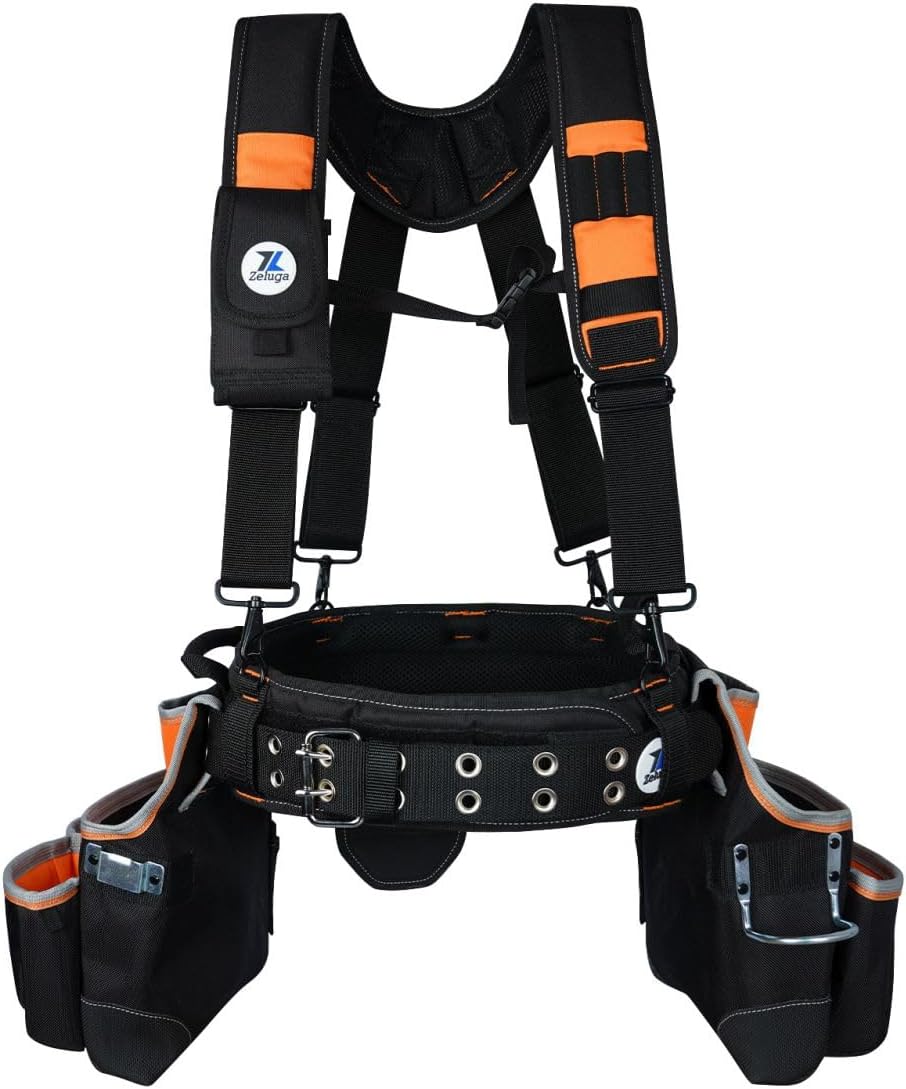 20-216 Multiple Large Pockets Tool belts for men with Suspenders, 4" Padded toolbelt, Steel Hammer Holster, Carpenter Tool Pouch, Professional Tool Vest for men Construction, Black/Orange Orange/Black (Polyester)