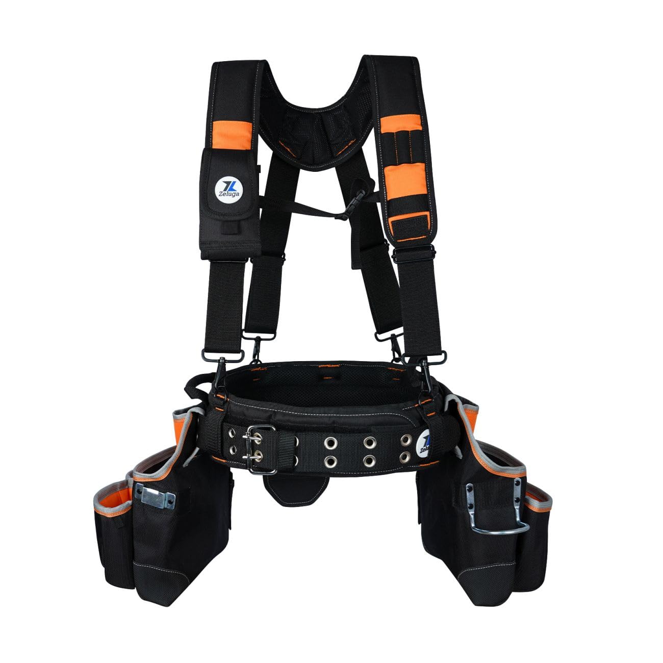 20-216 Multiple Large Pockets Tool belts for men with Suspenders, 4" Padded toolbelt, Steel Hammer Holster, Carpenter Tool Pouch, Professional Tool Vest for men Construction, Black/Orange