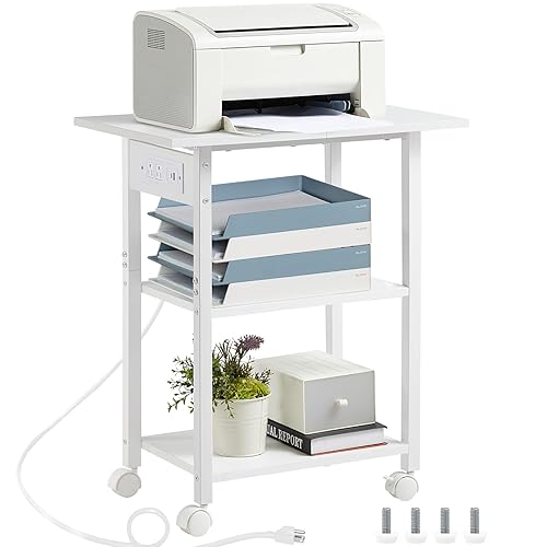 Lerliuo 3-Tier Printer Stand with Charging Station, Industrial Mobile Printer Table with Storage Shelf and Steel Frame, Rolling Printer Cart Holder with Lockable Wheels for Home, Office (White) - White - 3-Tier with Charger