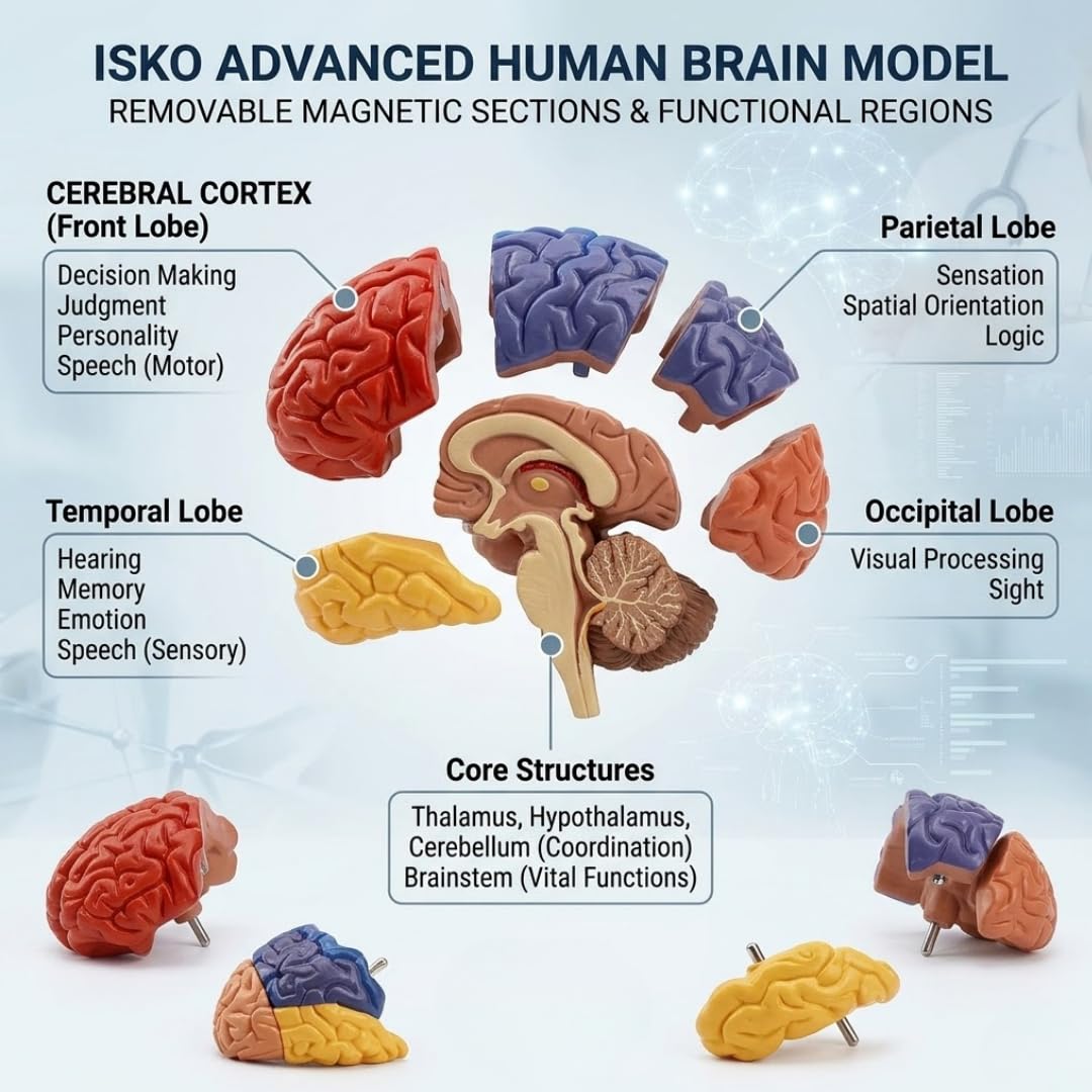 ISKO® Human Brain Model Anatomy Color-Coded Life Size Teaching Anatomy of Brain for Science Classroom Study Display Teaching With Human Brain Anatomical Model with Magnetic parts 1