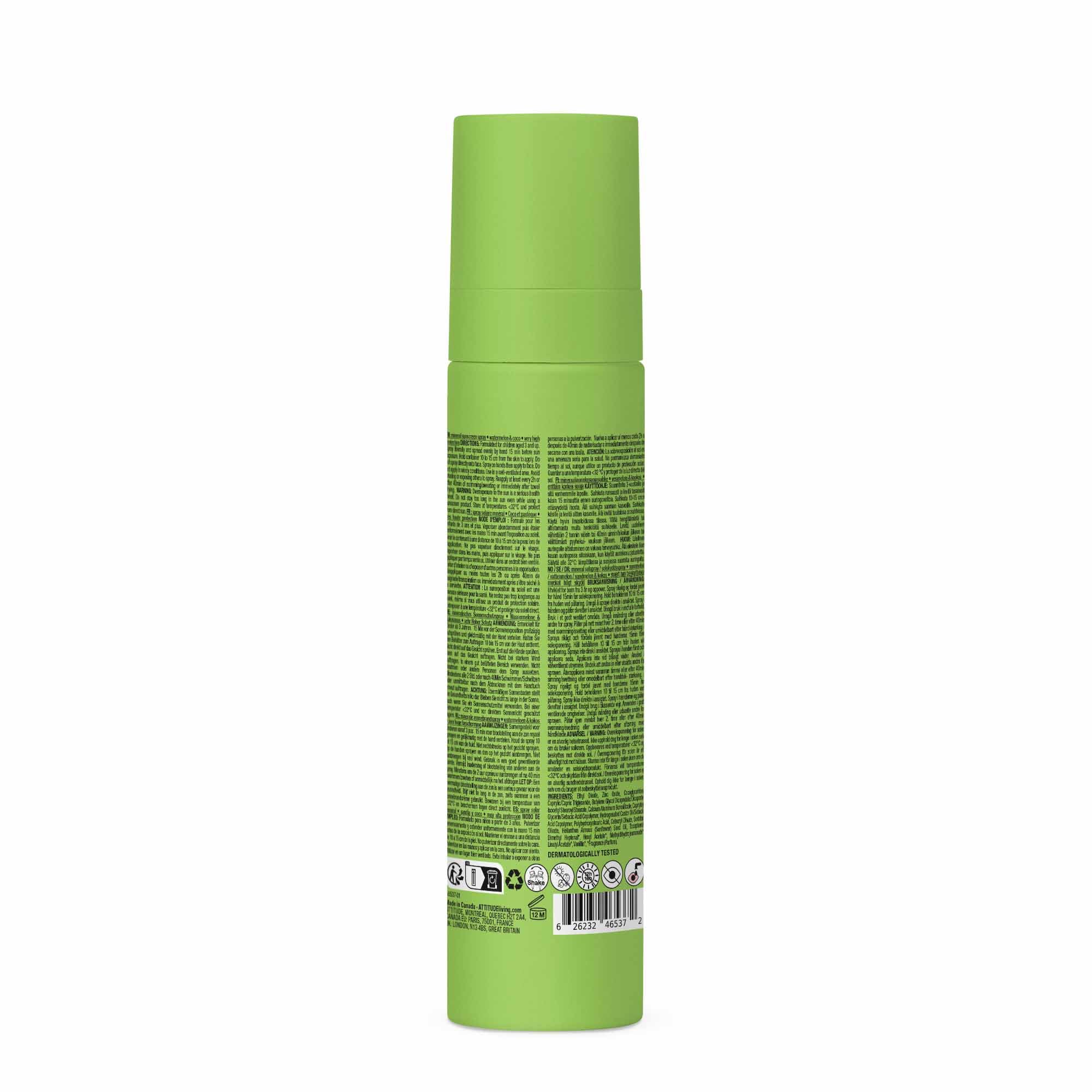 ATTITUDE Crème Solaire Ultra-Légère pour Enfants SPF 50, Large Spectre à l’Oxyde de Zinc, Vérifié EWG, Non Nano, Résistant à l’Eau, Visage et Corps, Végan, Parfum Coco & Pastèque, 80 g