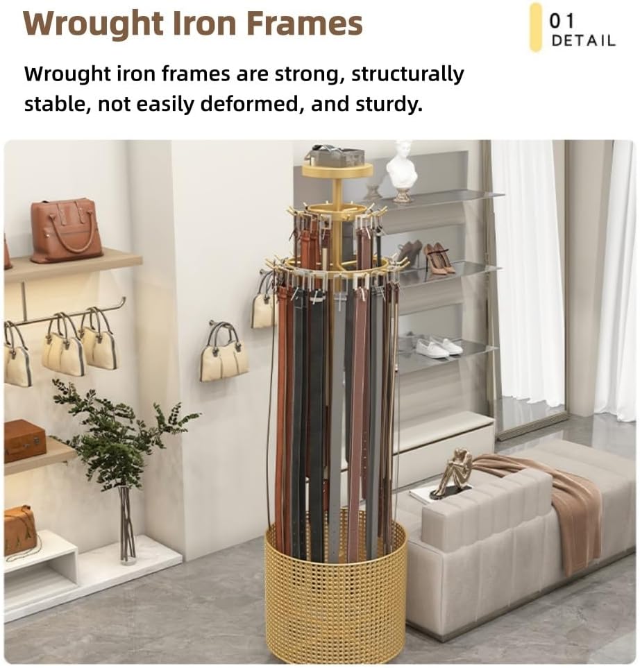 Floor Standing Metal Belt Display with Wheels, 360° Rotation Clothing Rack for Belt, Scarf or Ties, Mobile Belt Organizer for Supermarkets or Clothing Shops(White)