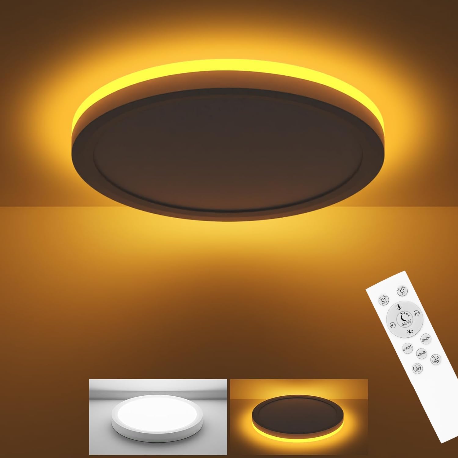 zemty 22cm LED Deckenleuchte dimmbar, 15W 1500 Lumen Deckenlampe mit Fernbedienung, flache runde Deckenleuchte mit Nachtlichtfunktion für Schlafzimmer, Badezimmer, Kinderzimmer (weiß, 1 Stück)