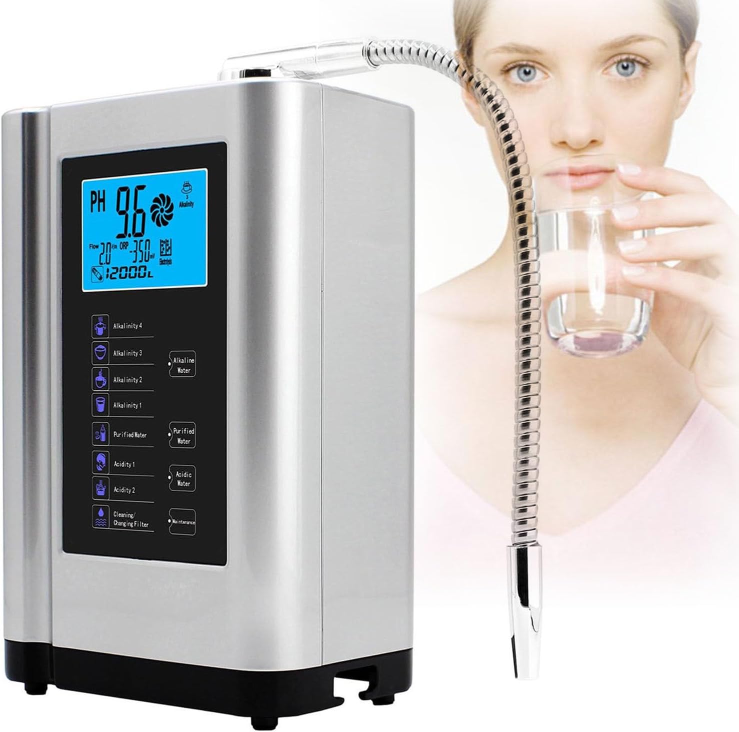 Water Purifier Machine Water Ionizer | Aqua Ionizer | Home Alkaline Water Filtration | Produces pH 3.5-10.5 Alkaline Water | Up to -500mV ORP |7 Water Settings|Intelligent Voice,Silver