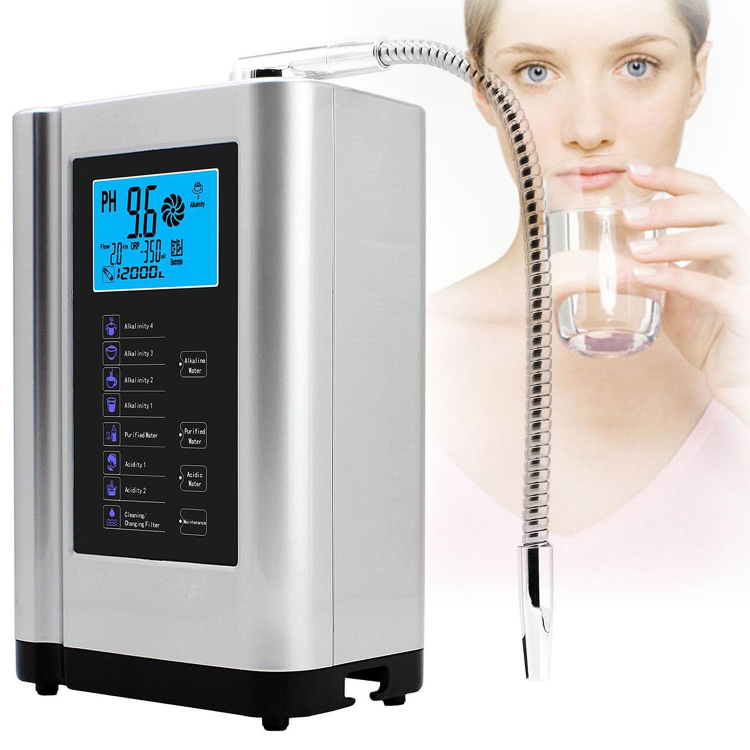 Water Purifier Machine Water Ionizer | Aqua Ionizer | Home Alkaline Water Filtration System | Produces pH 3.5-10.5 Alkaline Water | Up to -500mV ORP |7 Water Settings|Intelligent Voice,Silver