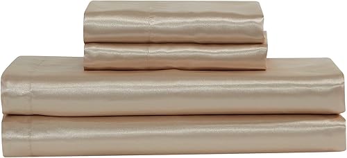 Mk Collection Juego de 4 sábanas de satén en color sólido, suave y sedoso con bolsillo profundo, 4 piezas, champán, matrimonial
