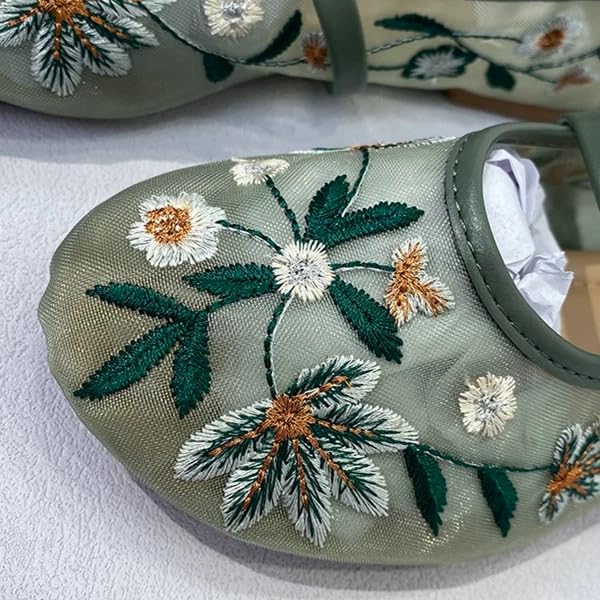 Elbslutt Mesh Ballet Flats for Women Slip On Ballerina Flats Shoes Tulle Floral Embroidered Mary Jane Buckle Strap Round Toe Comfortable Casual Work Dress Shoes,Size 8.5,Green4