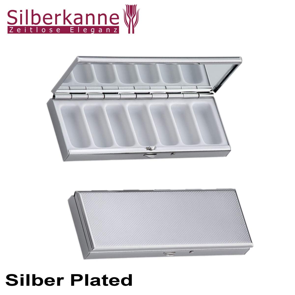 Pillendose 7 Tage Frankfurt 10x3,5x1,5 cm guillochiert Silber Plated Premium versilbert