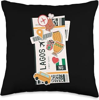 World Travel Ticket Gifts and Accessories Airport and Airline Tags-Boarding Pass of Lagos Throw Pillow, 16x16, Multicolor