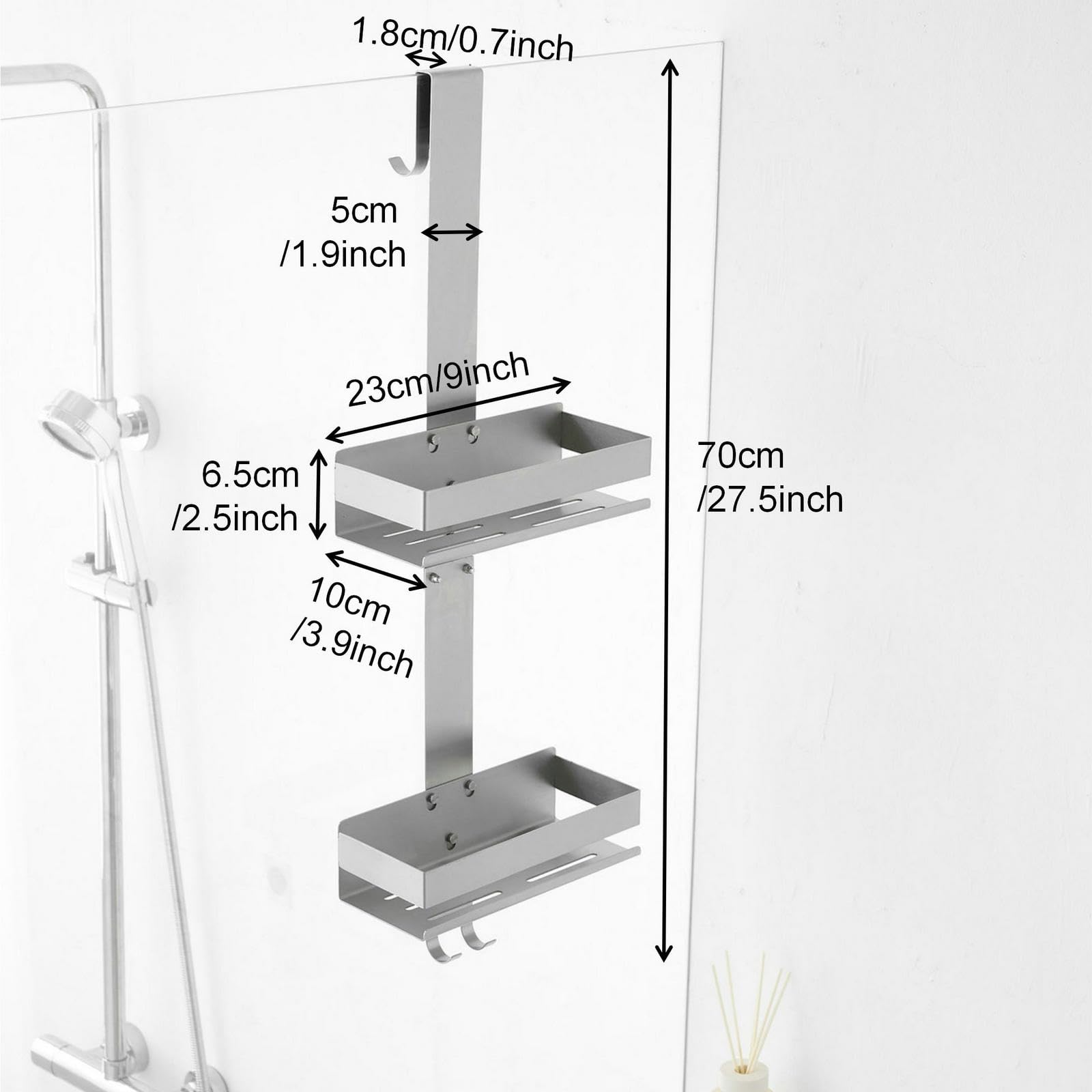 SHUNLI Shower Caddy Hanging Over Door, No Drilling Shower Organiser Stainless Steel Shower Shelves with Hooks - Image 2