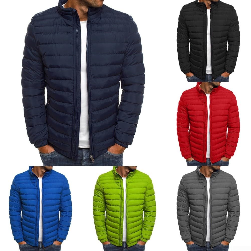 Chaqueta acolchada cálida de invierno para hombre, con cuello alto, cremallera, color sólido, portátil, acolchada, resistente al agua