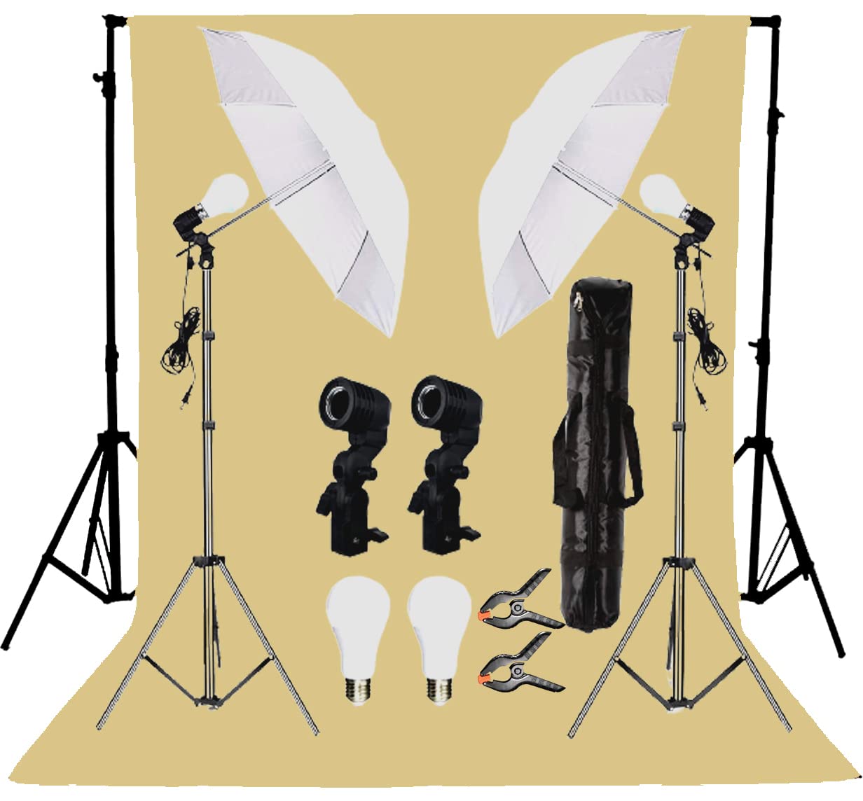 Giftmax Single Holder Umbrella Lighting Kit with Umbrella Studio Light with Backdrop Cloth Screen Photo Background Backdrop Stand Support System (Single Holder Kit + Beige Screen)