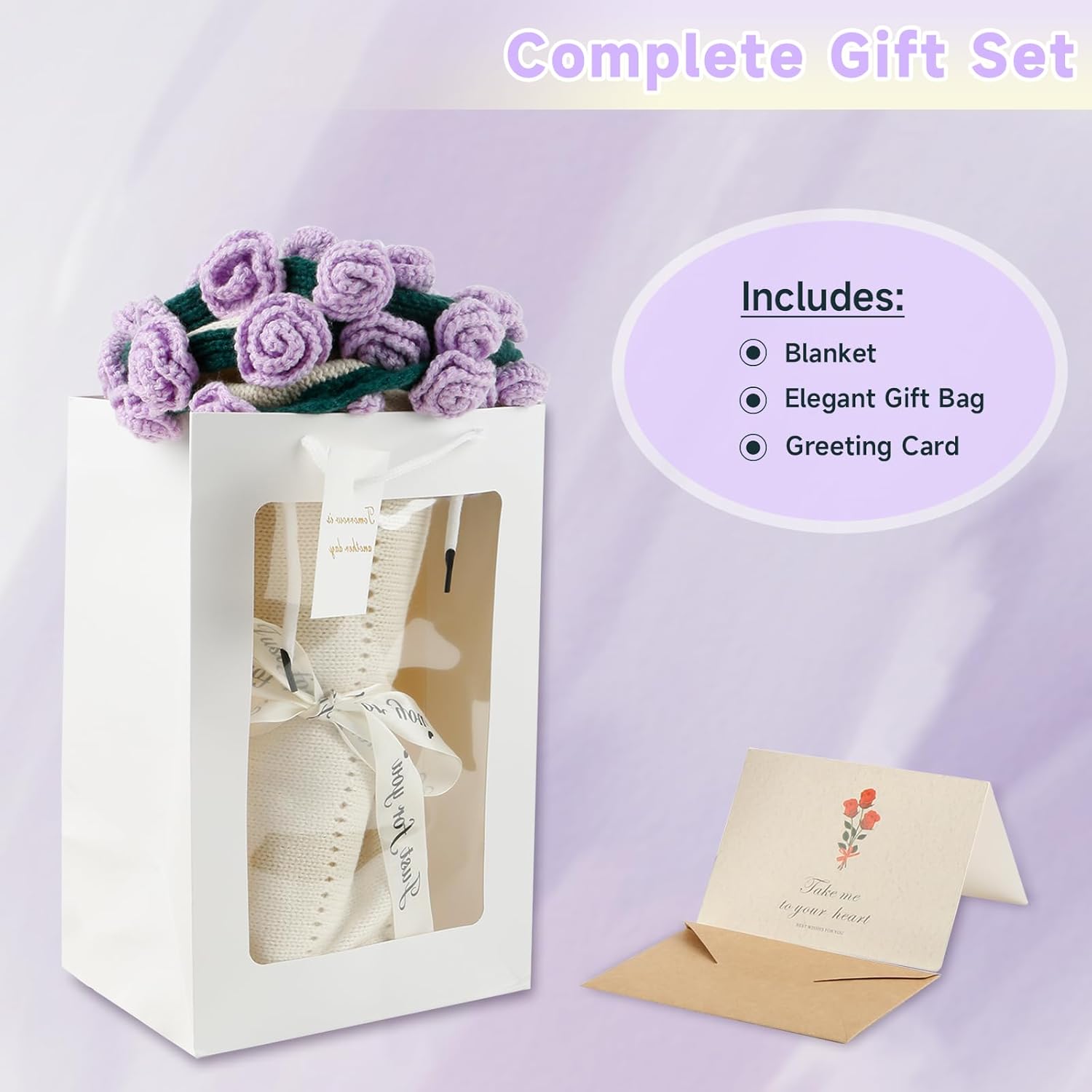 43 Inch Crochet Flower Bouquet Blanket with Gift Bag and Greeting Card, Handmade Rose Blanket, Birthday Gifts for Women Birthday Wedding Valentine's Day (Purple Rose)