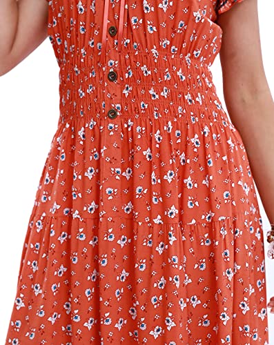 Image of OSTOO Women's Floral Maxi Dress Boho Summer Short Sleeve Smocked Waist Tiered Long Dress
