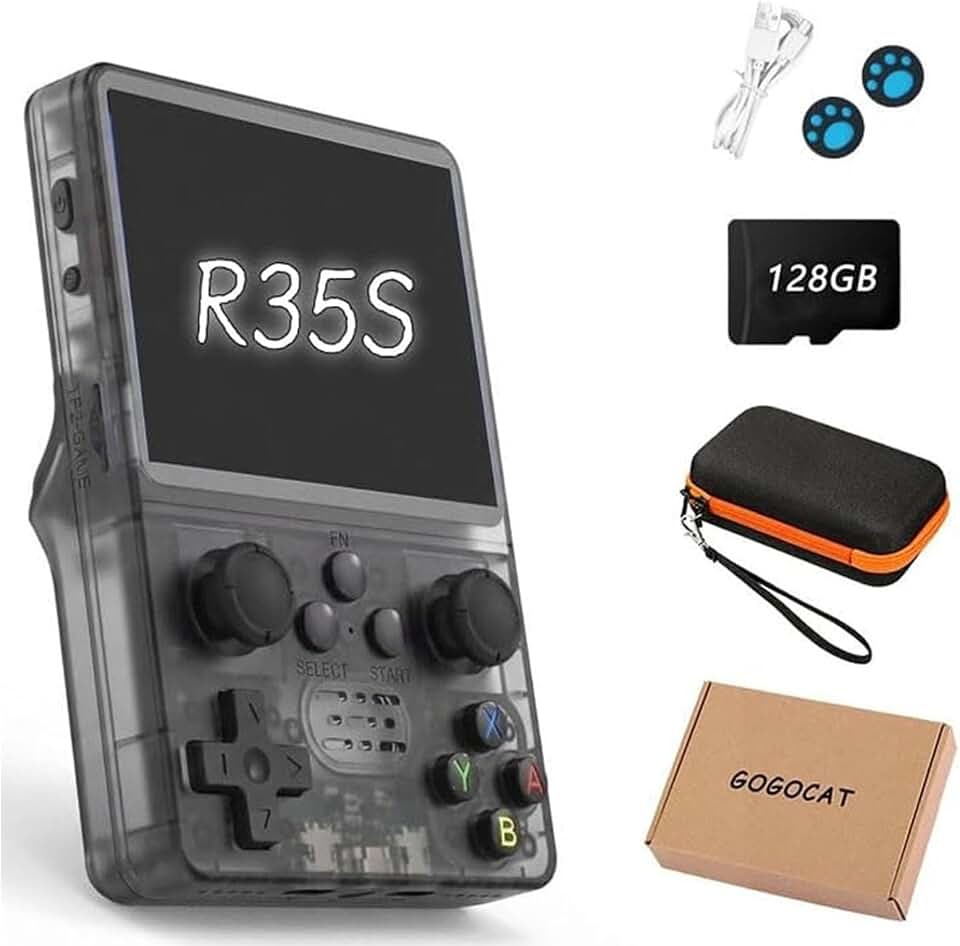 R35S Console de Jogos Portátil Retrô,tela de 3,5 Polegadas,39.000 Jogos Integrados,R35S 128 GB,Sistema Arkos 2.0,Video Game Portatil,Acompanha Estojo de Transporte - Preto