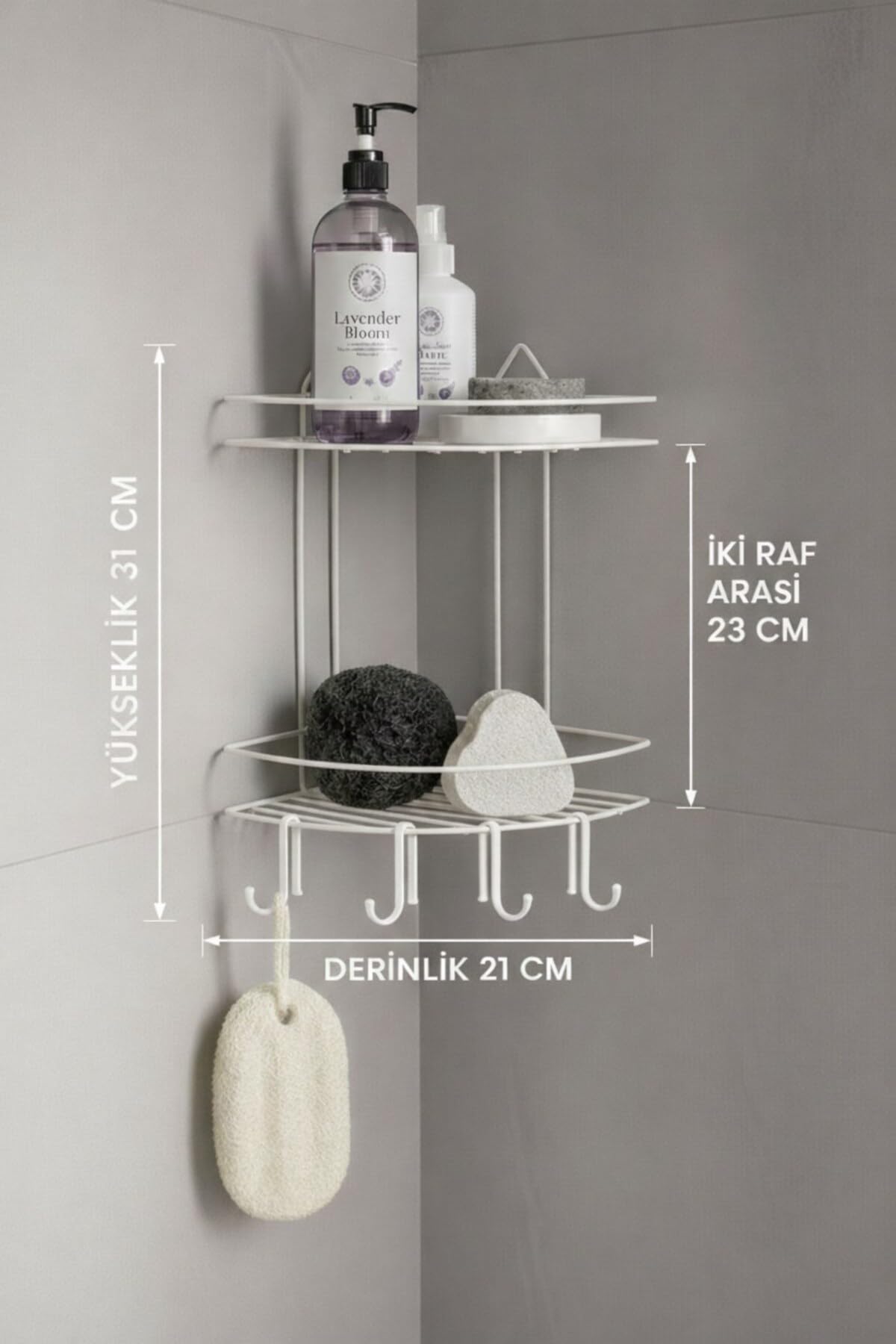 Sas Haus Banyo Köşe Rafı Askılı Duş Organizeri ve Şampuanlık 2 Katlı Beyaz