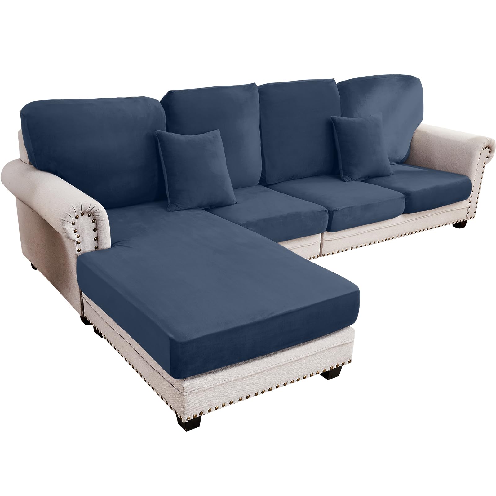 Taque Couch Cover 4-Piece Elastic Velvet Couch Cushion Covers & Chaise Slipcovers for L-Shaped Sofas, Sofa Seat Covers Washable, Soft Cover for