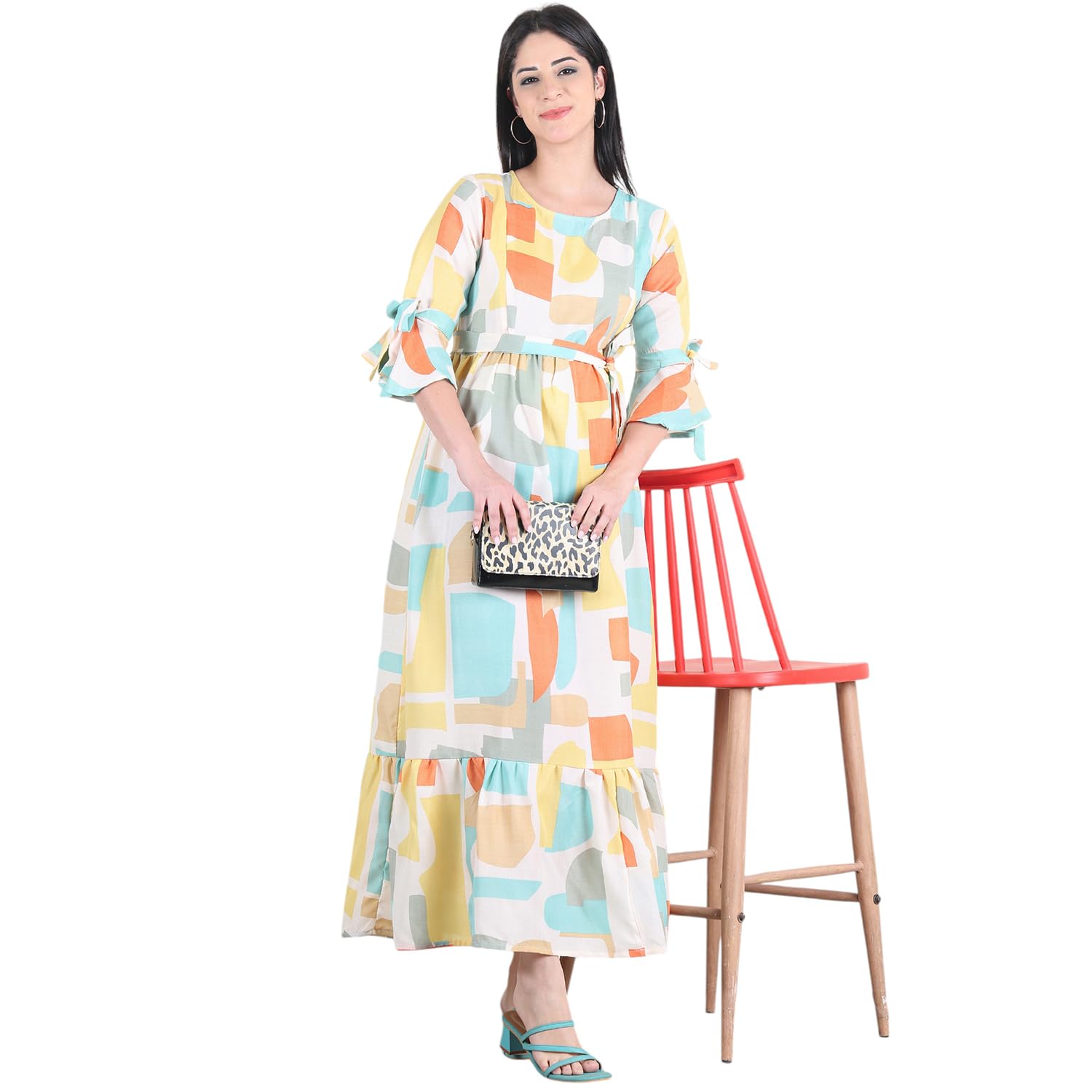 moms maternity Stylish Women's Cotton Slub All Over Graphic Printed Teal & Yellow Gown Kurti, Maternity Dress, and Feeding Dress – Comfortable and Elegant Maternity Wear for Women's-picture-16