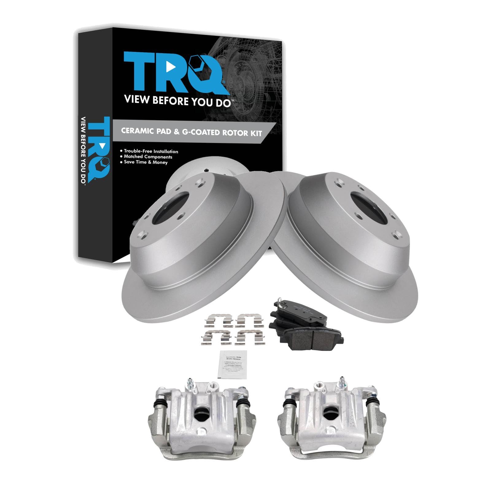 TRQ Rear Brake Pad and Rotor Set Ceramic G Coated Rotors Calipers