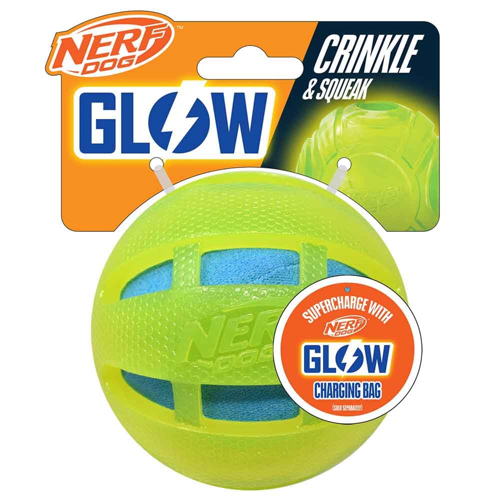 Nerf Dog 3 8in TPR Glow Checker Squeak and Crunch Ball Dog Toy -Green with Light Blue Crunch