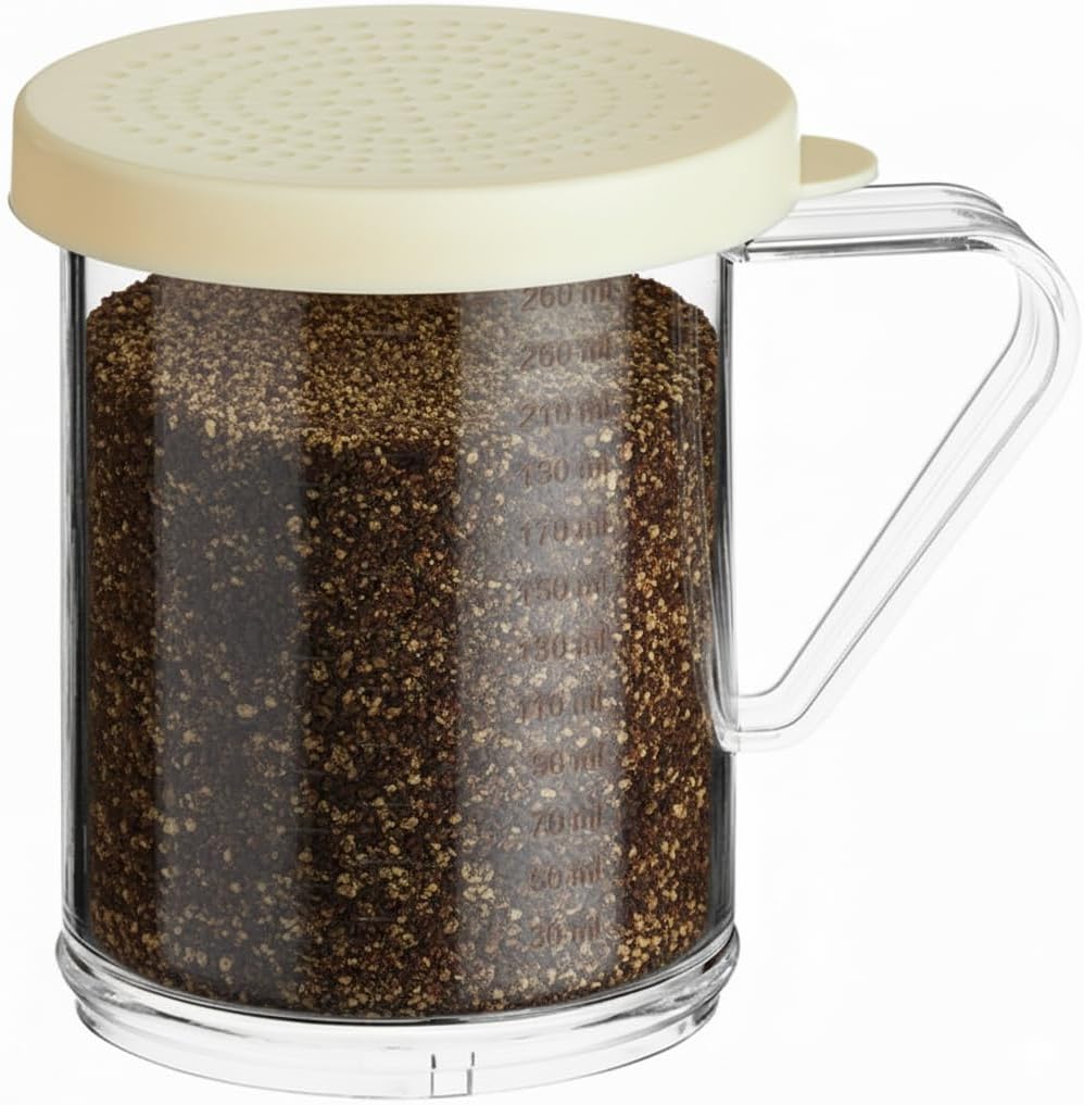 6-Pack 10 oz Polycarbonate Spice Shakers with Beige Lids, Durable Plastic Shaker Set with Measurements & Secure Handle for Finely Ground Spices, Seasonings, & Powder, 2 mm Perforated Lid (6)