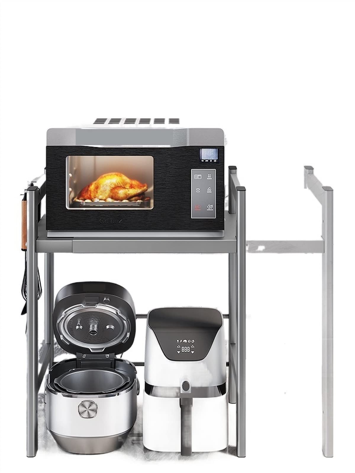 Uitbreidbaar en in hoogte verstelbaar magnetronrek, 3-laags plank Heavy Duty Stand Aanrecht Keukengerei Servies Opslag, Kruiden/Broodrooster/Rijstkoker Rack met 6 Haken (zwart, 3 lagen