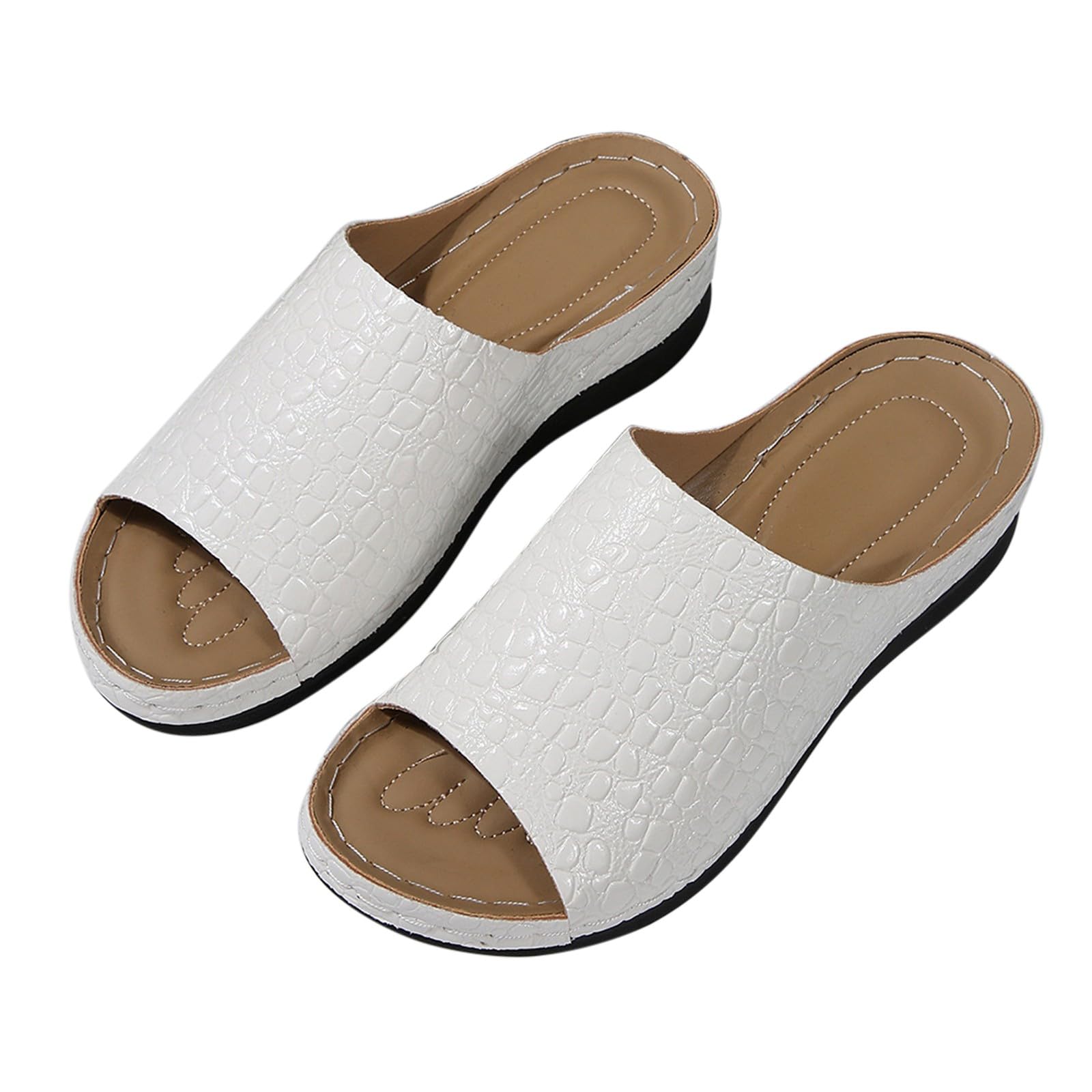 Pantofole estive da donna, vestibilità ampia, pantofole da donna in pelle, comode pantofole con morbido tessuto in pelle, bocca di pesce, fondo spesso, antiscivolo, leggere, con supporto per arco