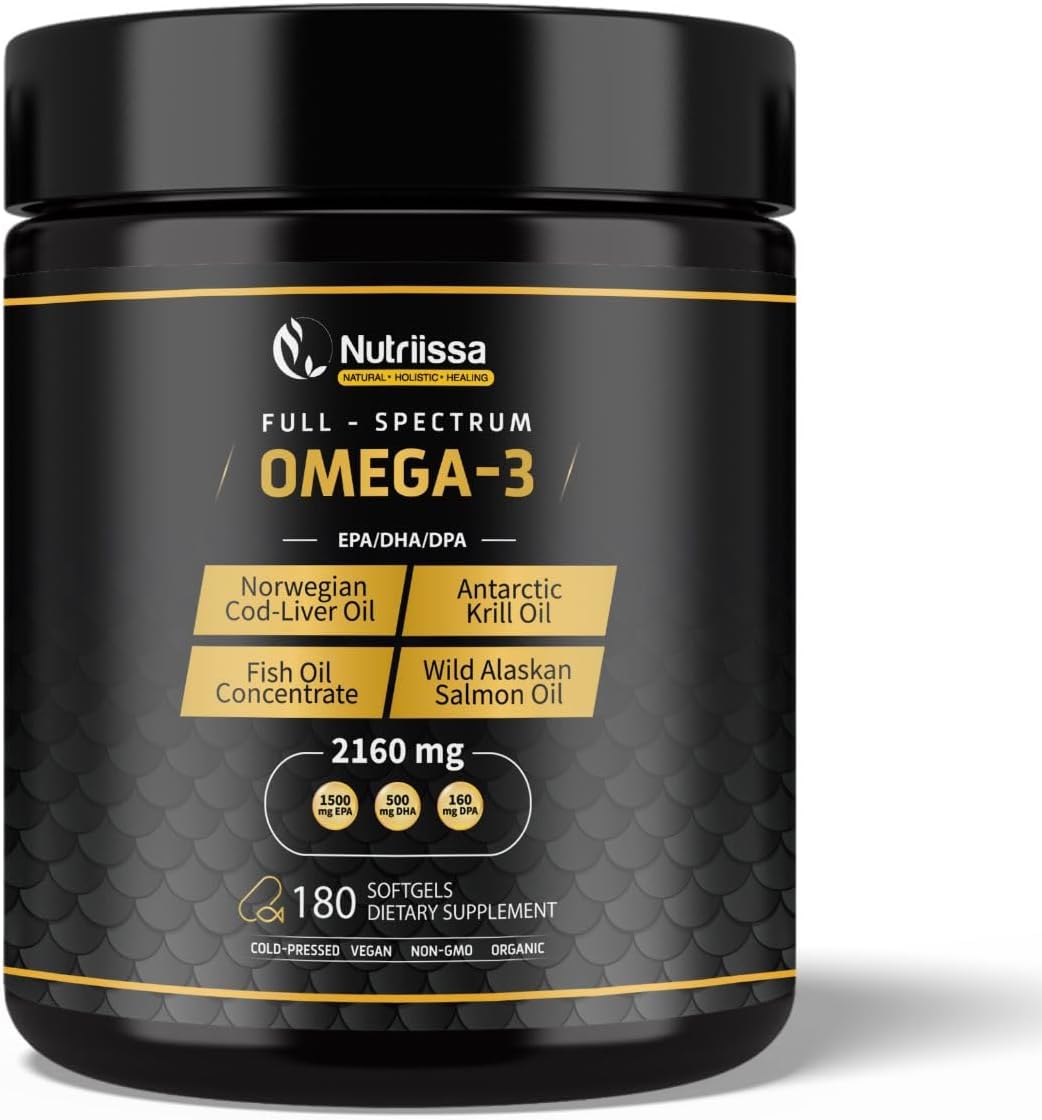 Nutriissa Omega 3 - Full Spectrum - 180 Count - High Concentrate Formula Fish Oil, Krill Oil, Cod Oil, Salmon Oil - Advanced Blend