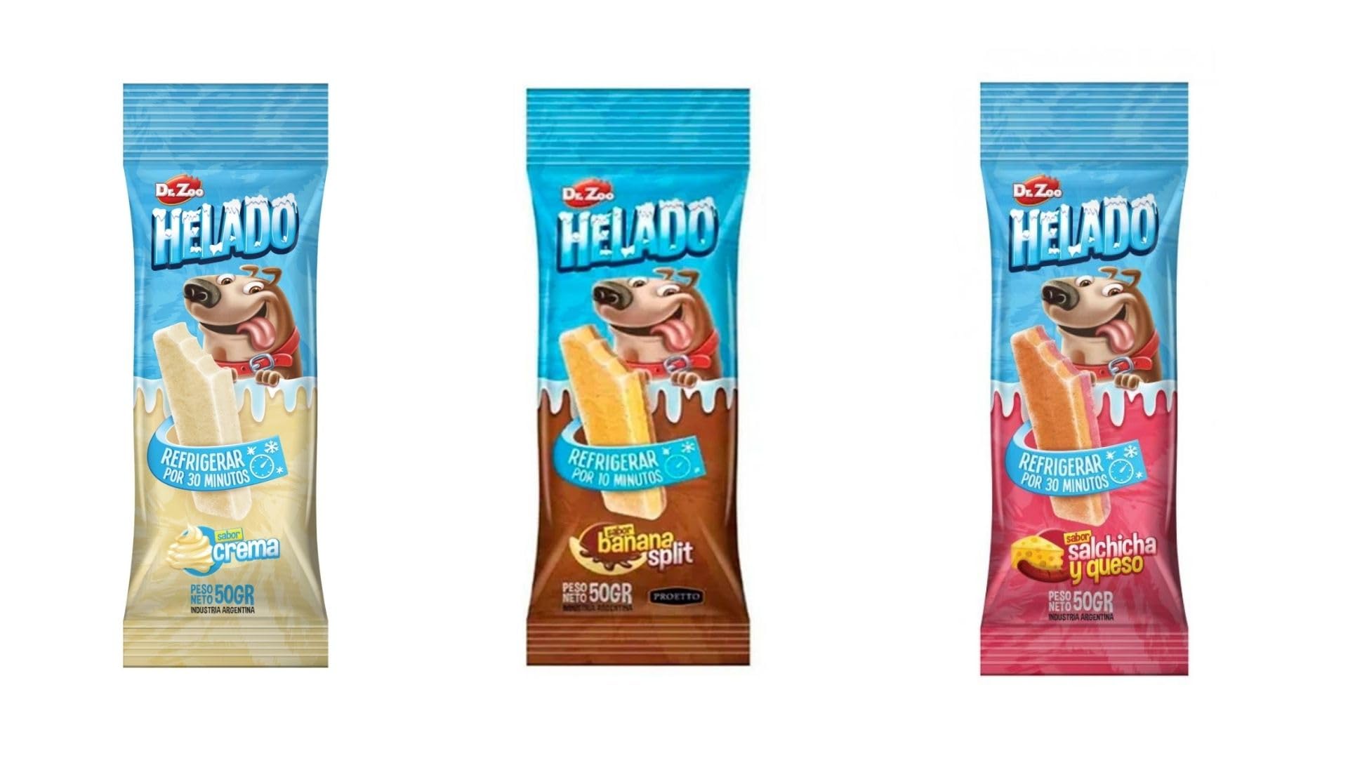 Dr.Zoo Helado para Perros | Varios sabores Crema, Banana Split o Salchicha y Queso | Sabrosos | (36x50Gr, 12x Banana Split 12x Crema 12x Salchicha Y Queso)