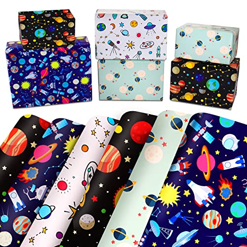 Space Wrapping Paper Birthday Wrapping Paper for Boys Girls Gift Wrapping Paper Kids with Blue White Navy Birthday Paper for Present Wrapping Paper Sheets with Galaxy Spaceship Birthday Gift Wrap Set (6 Sheets 28Lx20W per Sheet)