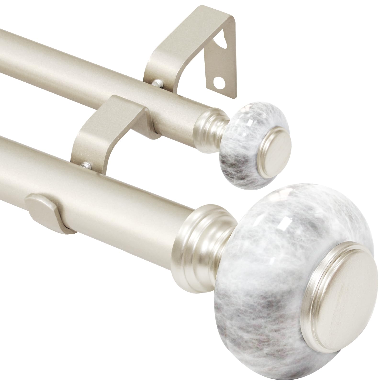 Ycolnaefllr 1 Inch Diameter Double Curtain Rods For Windows 48 to 84 inch Champagne gold - Double Curtain Rod Heavy Duty-Adjustable Double Curtain Rod with Round Marble Finials