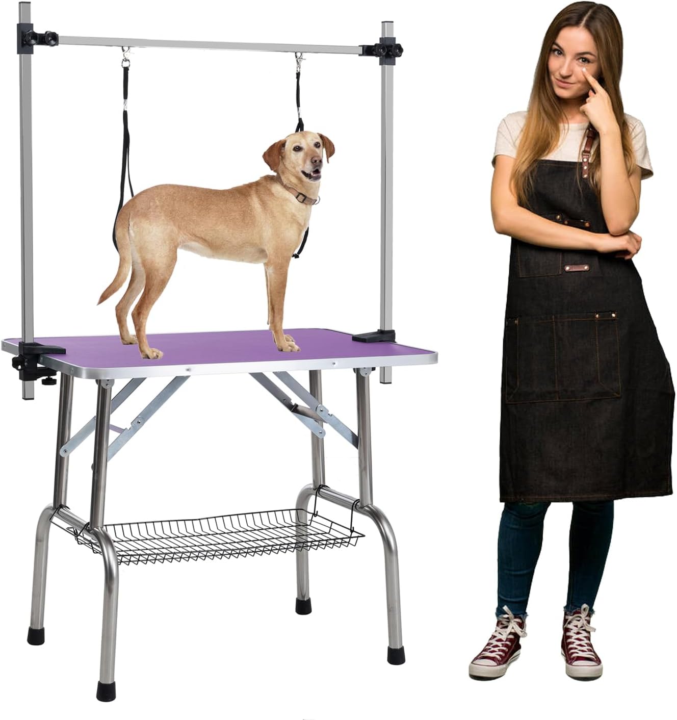 Pet Dog Grooming Table, Stainless Steel Professional Pet Drying Table, Adjustable Height Shower Bathing Station Desk for Dogs Cats with Arm & Noose & Mesh Tray, Up to 330lbs, 36''/ Purple