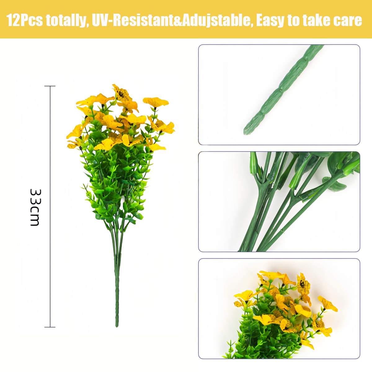 HBell 12 Bundles Outdoor Artificial Flowers UV Resistant Fake Boxwood Plants,Faux Plastic Greenery for Indoor Outside Hanging Plants Garden Porch Window Box Home Wedding Decor (Yellow) - Image 2