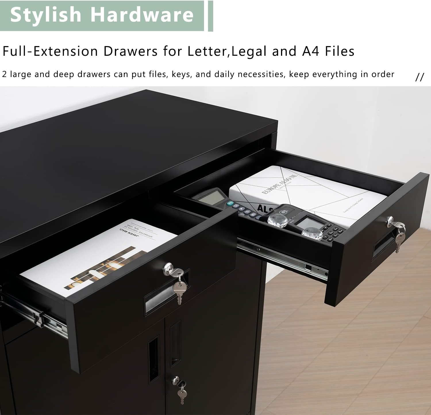 Close-up of the BESFUR Metal Storage Cabinet drawers with keys in locks