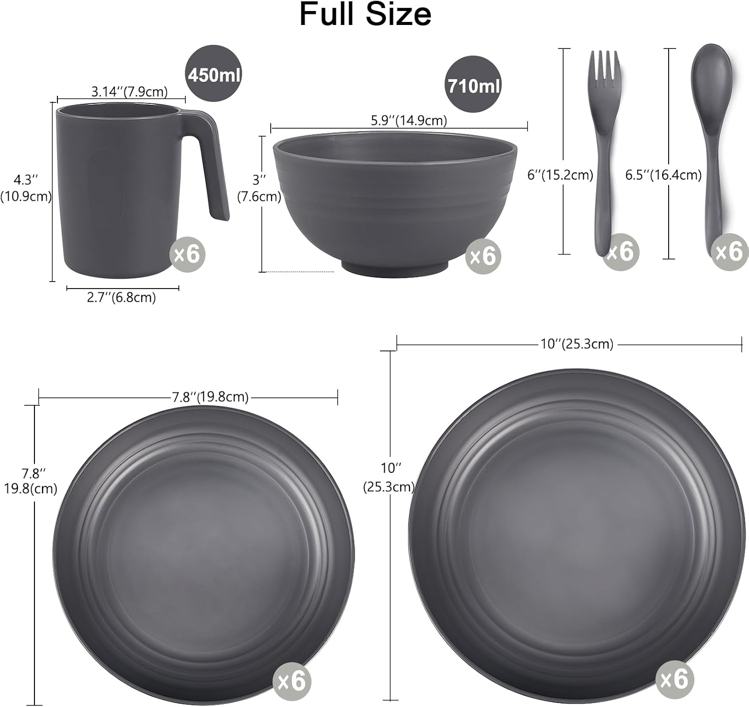 Greentainer Plastic Crockery Sets (36 Pieces), Lightweight and Unbreakable Camping Crockery Set with Cutlery, Plates, Bowls, Cups, Dinner Service for 6 People, Ideal for Children and Adults Gray