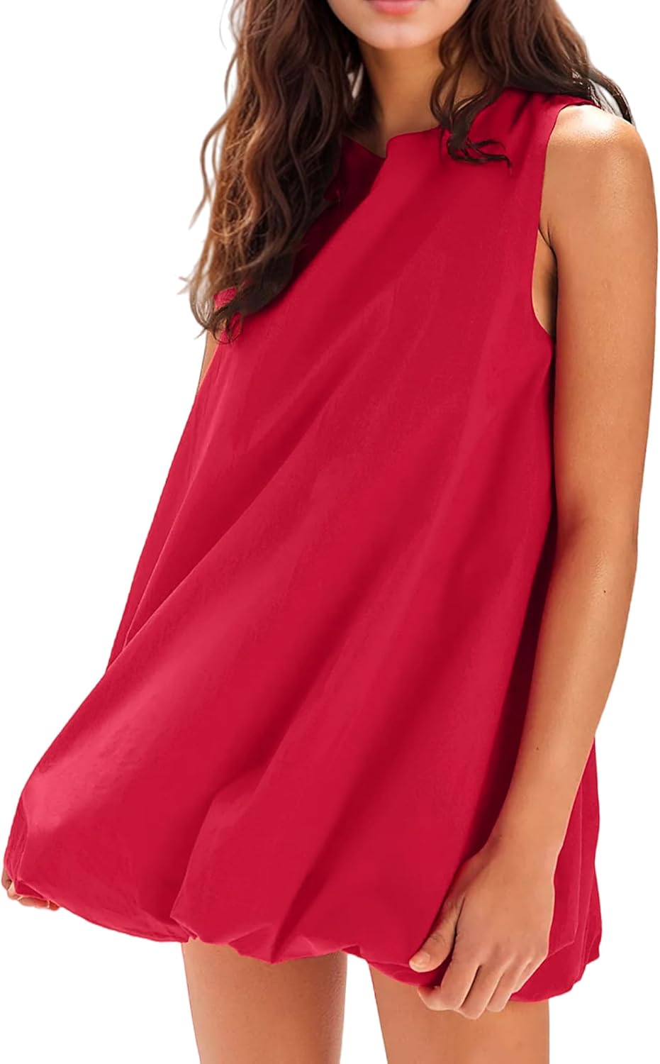 Summer Bubble Mini Dress for Women Sleeveless Crew Neck Causal Short Dress Tie Back Solid Tank Sundress with Pockets Red