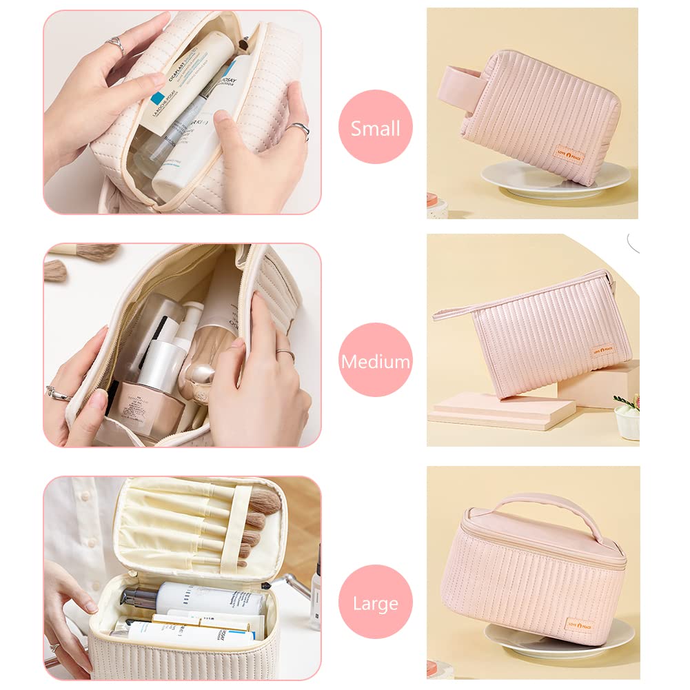 Linpr Makeup Bag 3 Pcs Cosmetic Bags Set, PU Striped Leather Toiletry Bag, Portable Waterproof Travel Makeup Organizer - Image 2