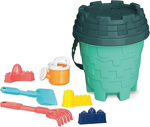 Nothing But Fun Toys Splash N' Dig - Juego de arena para playa y agua, cubo, 3 juguetes de molde de castillo, tamiz, rastrillo, pala, cubo de riego,