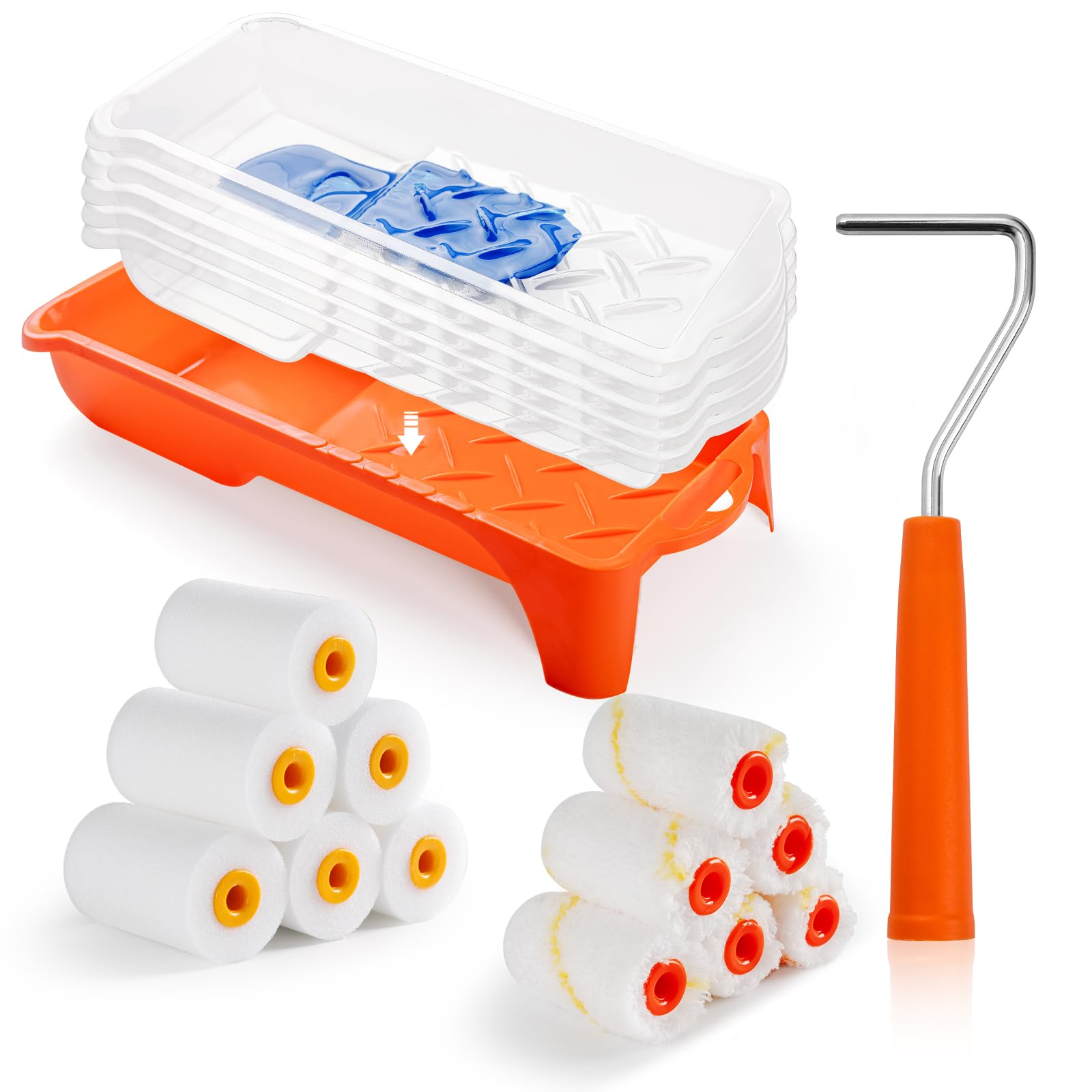 Rodillo de pintura, kit de rodillos de pintura pequeños de 2 pulgadas con rodillo de pintura de espuma de alta densidad, rodillos de pintura de microfibra, bandeja de pintura, forro de
