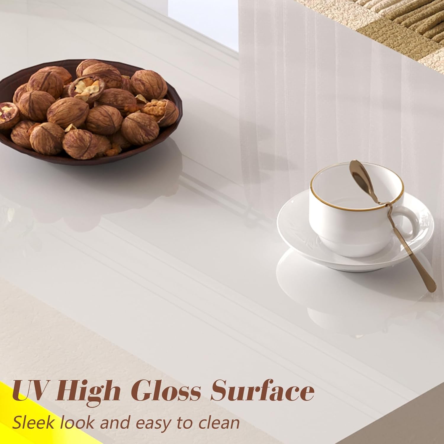 Coffee Table with LED Light, Modern High Gloss Finish Center Table with 2-Tier Storage Space, Minimalist Coffee Table for Living Room, Office, White